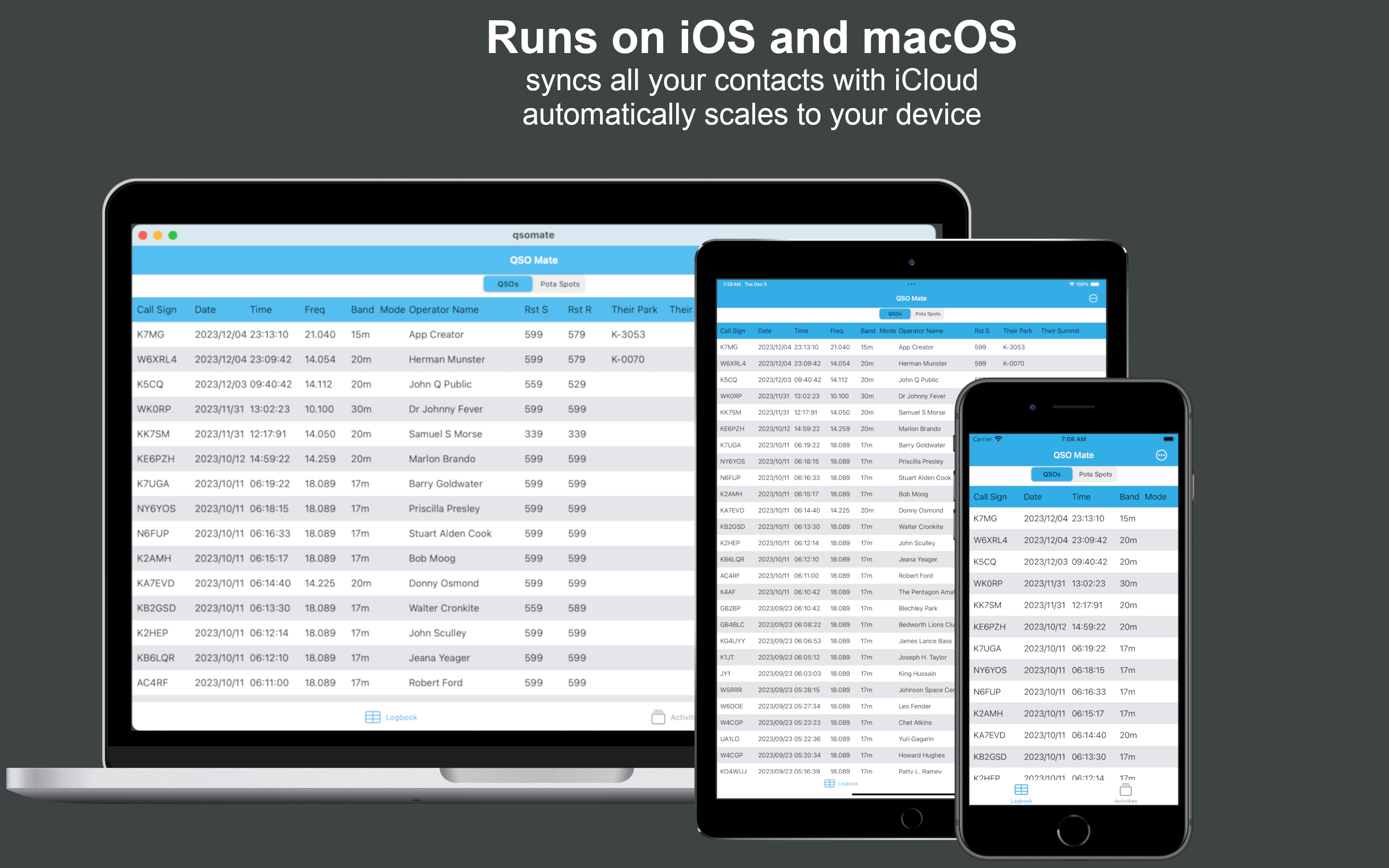 QSOMate running on Mac, iPhone, and iPad